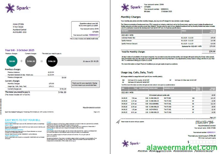 New Zealand Spark utility bill template in Word and PDF formats, 2 pages